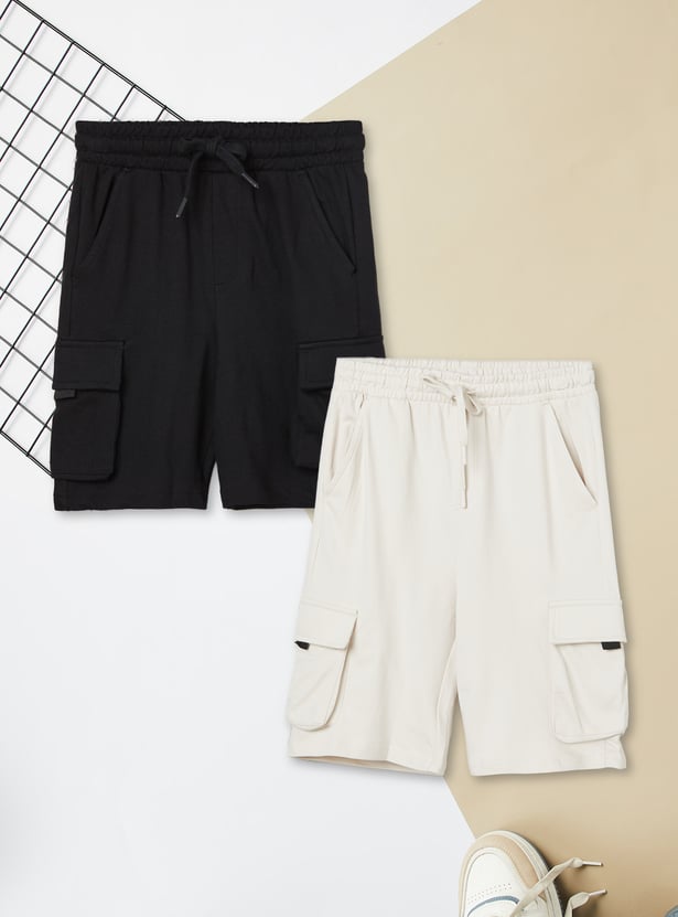 Boys Solid Cargo Shorts - Pack of 2