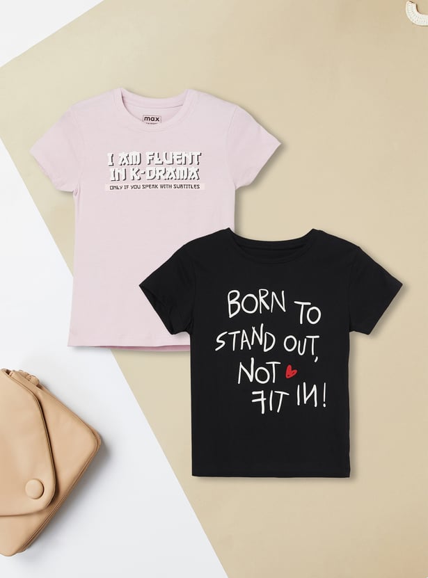 Girls Typographic Print T-shirt - Pack of 2