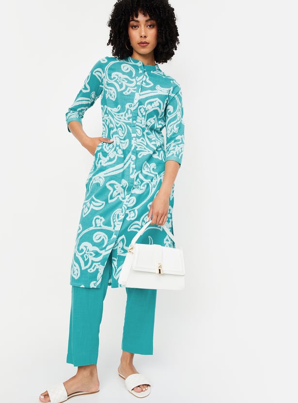 Slate Grey Multi Colored Printed Straight Kurta Set With Straight Pants
