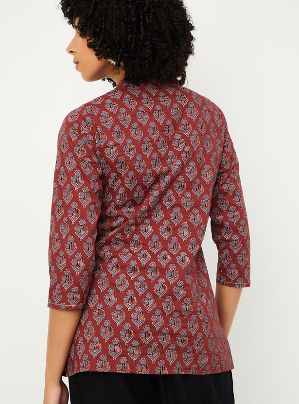 Women Pink Floral Printed Cotton Kurti | 3/4 Sleeve Straight Fit Ethnic Kurta for Daily & Festive Wear main image 0