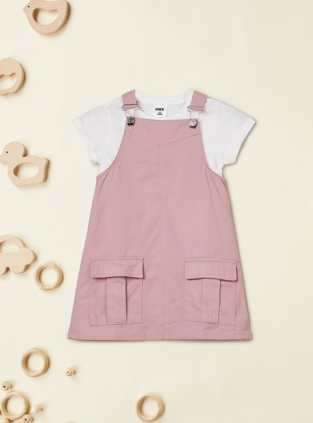 Girls Solid Pinafore Dress with T-shirt