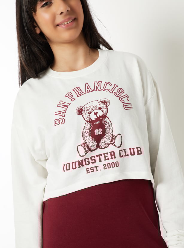 Girls Solid Dress with Printed Sweatshirt