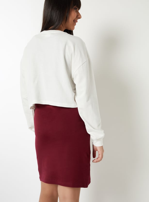 Girls Solid Dress with Printed Sweatshirt