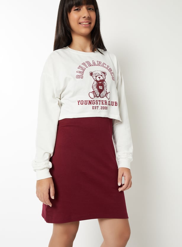 Girls Solid Dress with Printed Sweatshirt