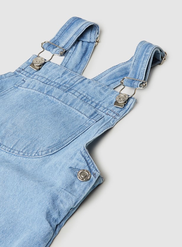 Girls Solid Denim Pinafore Dress with T-shirt