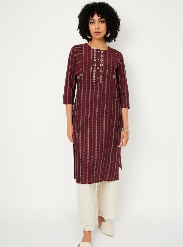 Women Embroidered Striped Straight Kurta