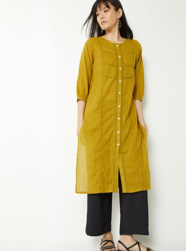 Women Woven Design Straight Kurta