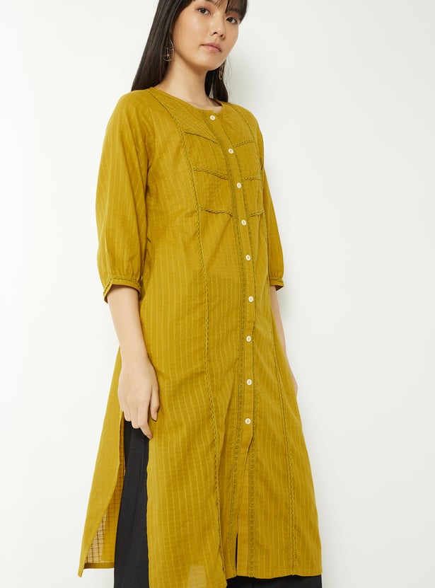 Women Woven Design Straight Kurta