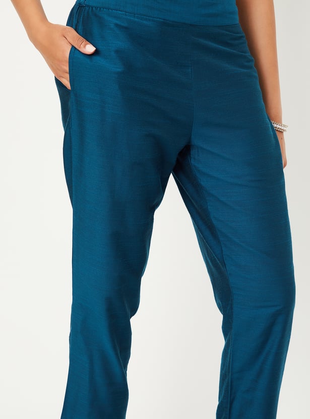 Women  Blue Embroidered Straight Kurta Trousers Set