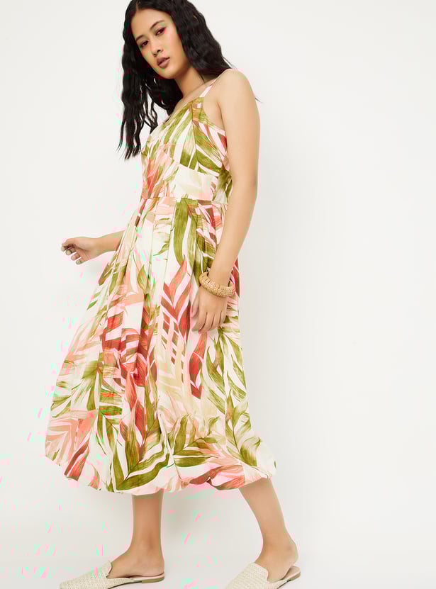 Women Tropical Print A-line Midi Dress