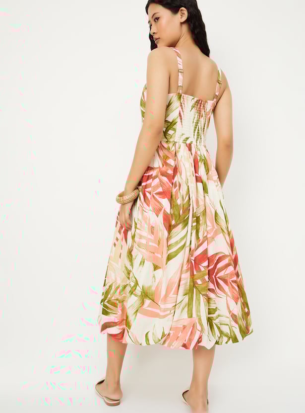 Women Tropical Print A-line Midi Dress
