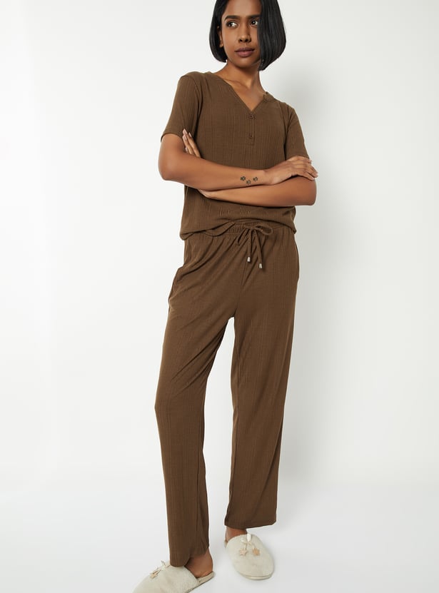 Women Solid Ribbed PJ Set