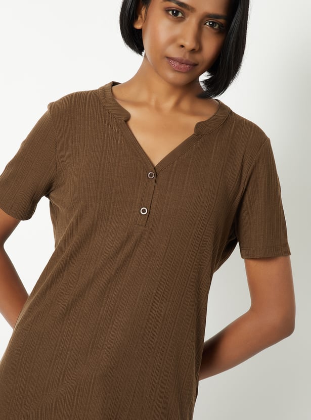 Women Solid Ribbed PJ Set