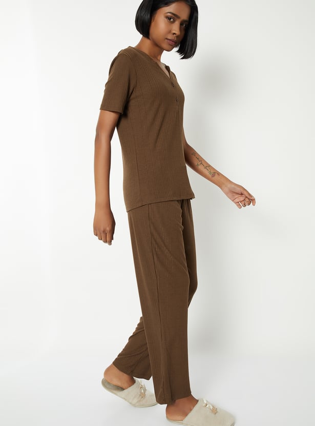 Women Solid Ribbed PJ Set