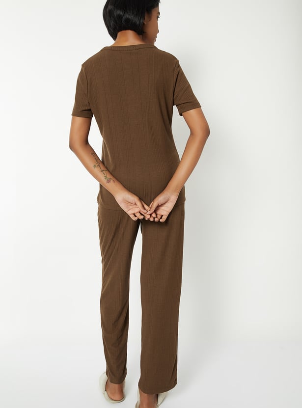Women Solid Ribbed PJ Set