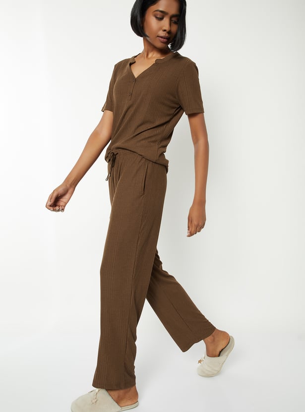 Women Solid Ribbed PJ Set