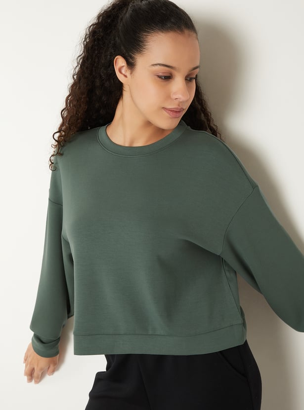 Women Solid Boxy Fit Sports Sweatshirt