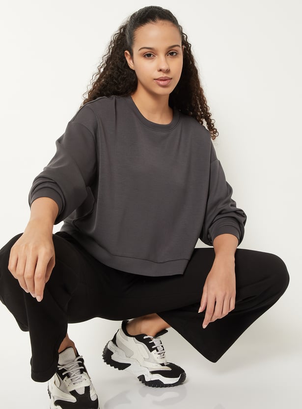 Women Solid Boxy Fit Sports Sweatshirt
