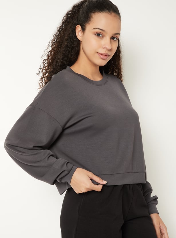 Women Solid Boxy Fit Sports Sweatshirt