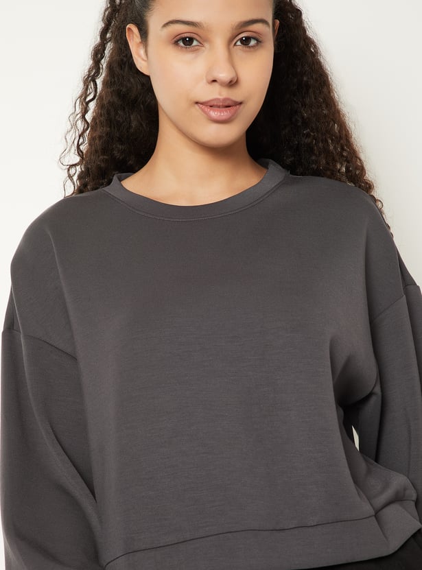 Women Solid Boxy Fit Sports Sweatshirt