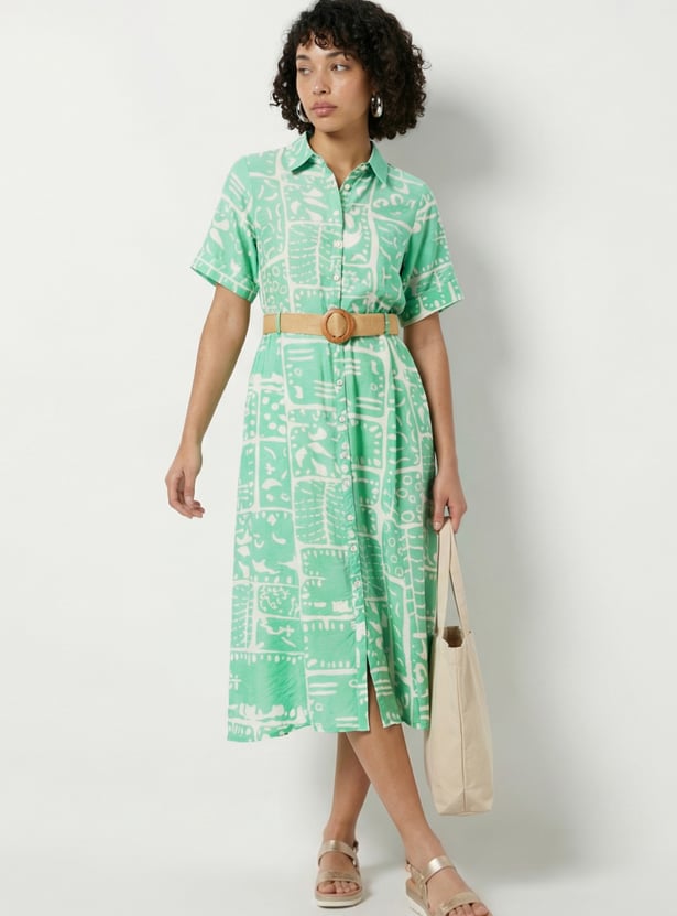Women Printed Shirt Dress with Belt