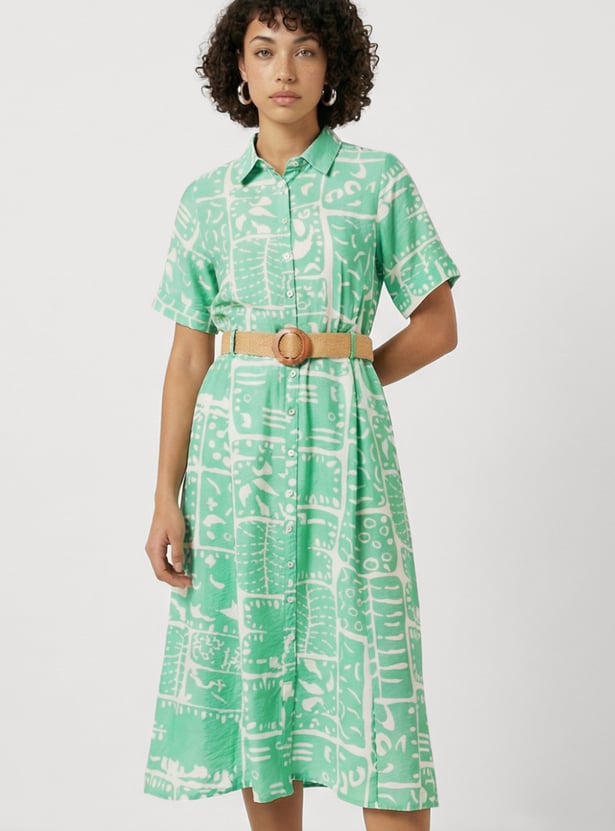 Women Printed Shirt Dress with Belt