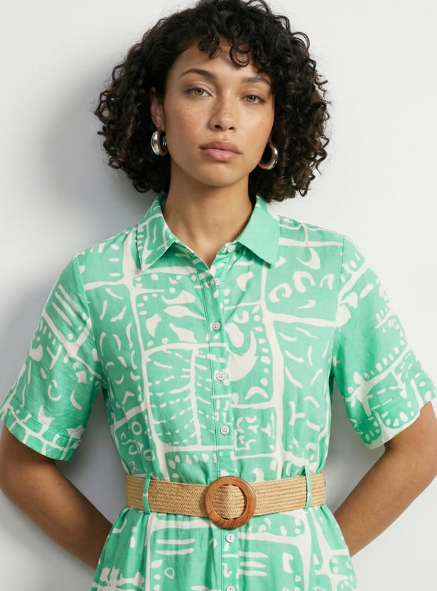 Women Printed Shirt Dress with Belt