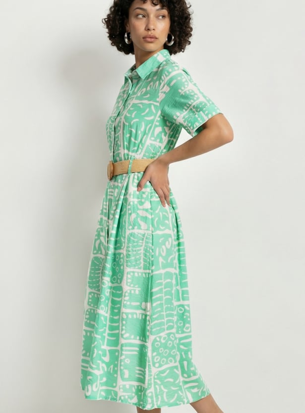 Women Printed Shirt Dress with Belt