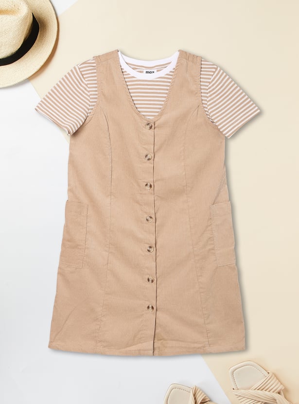 Girls Solid Pinafore Dress with T-shirt