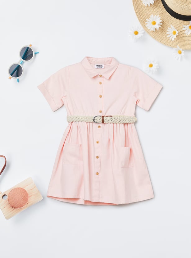 Girls Solid Shirt Dress with Belt