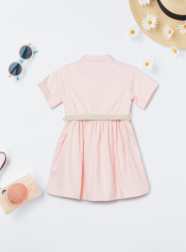 Girls Solid Shirt Dress with Belt