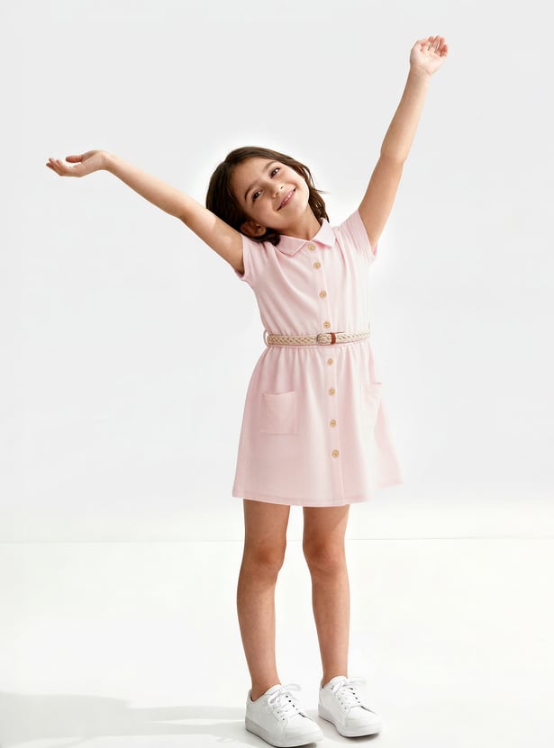 Girls Solid Shirt Dress with Belt