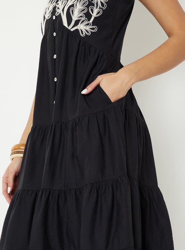 Women Embroidered Tiered Midi Dress