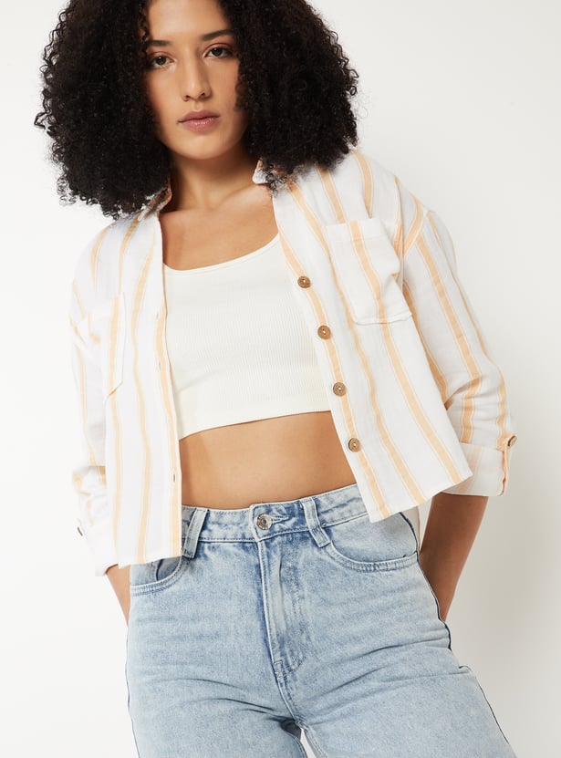 Women Striped Boxy Fit Crop Shirt