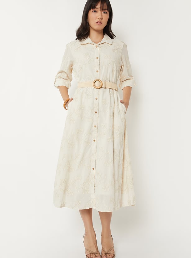 Women Embroidered Shirt Dress with Belt