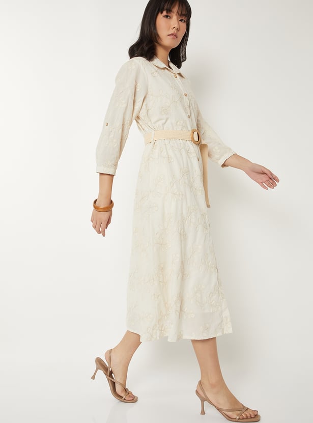 Women Embroidered Shirt Dress with Belt