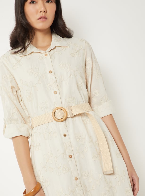 Women Embroidered Shirt Dress with Belt