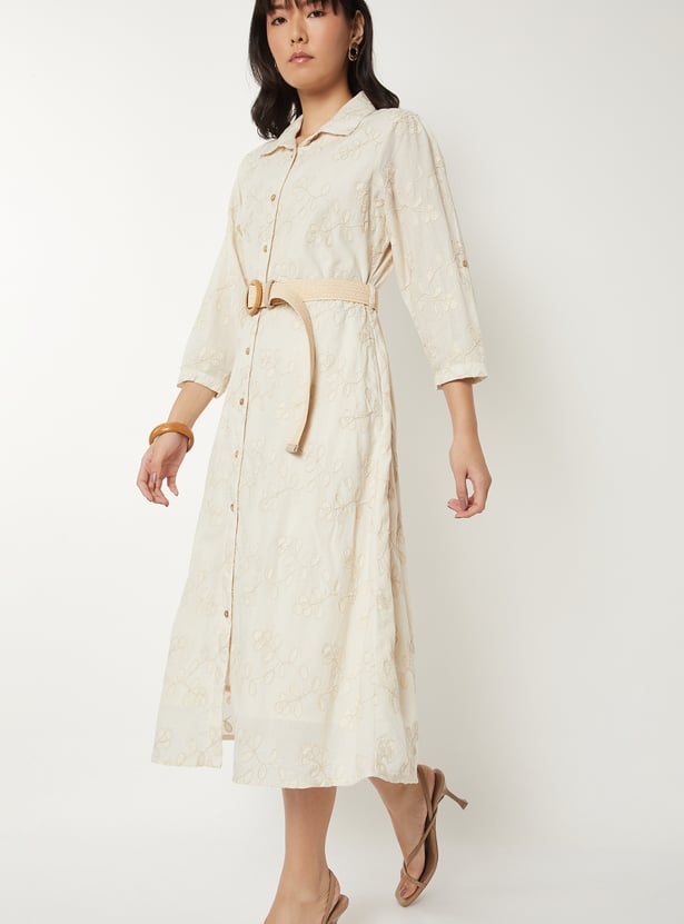 Women Embroidered Shirt Dress with Belt