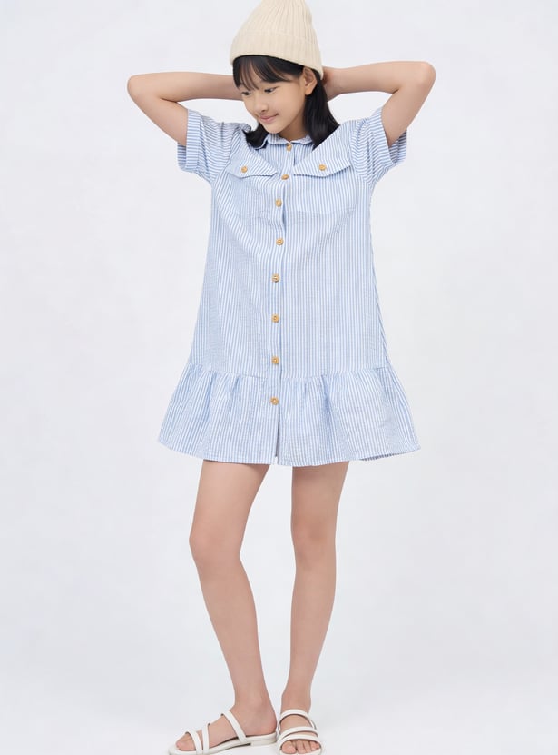 Girls Striped Seersucker Shirt Dress