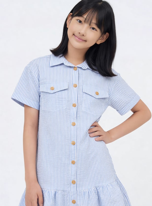 Girls Striped Seersucker Shirt Dress