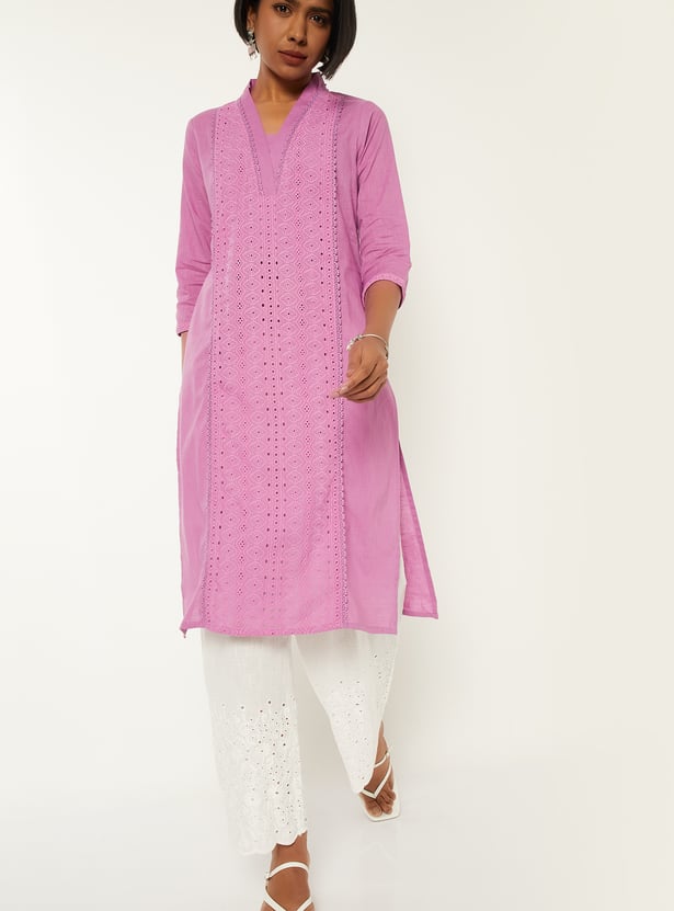 Women Schiffli Straight Kurta
