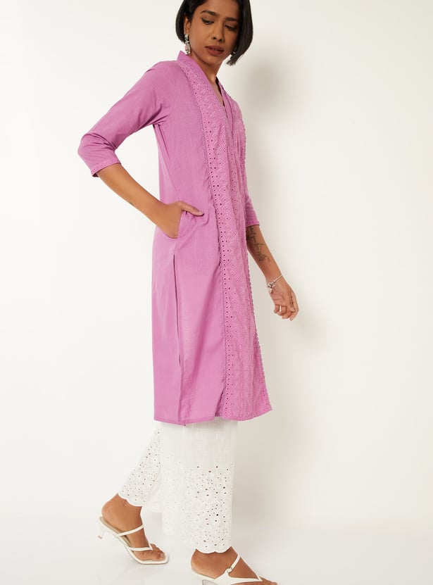Women Schiffli Straight Kurta