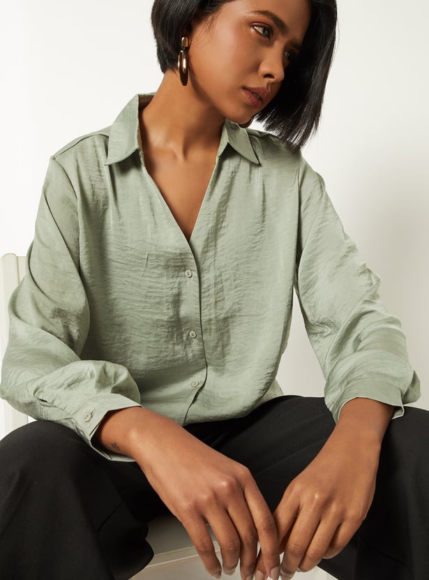 Women Satin Finish Shirt Style Top