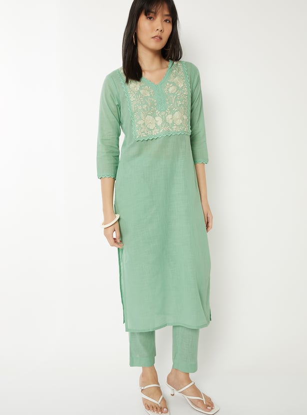 Women Embroidered Straight Kurta Set