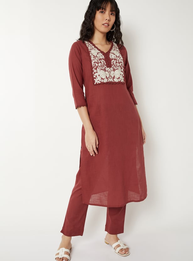 Women Embroidered Straight Kurta Set