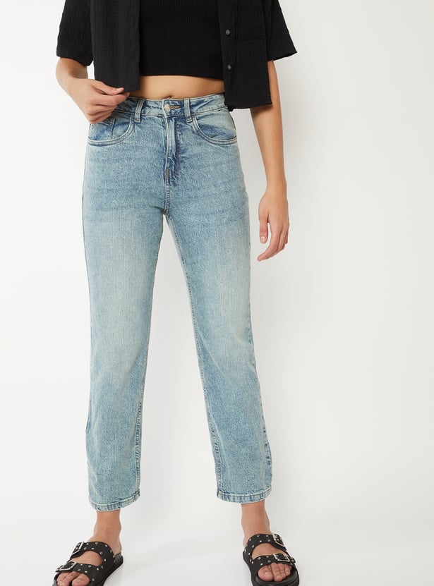 Women Washed Slim Straight Jeans