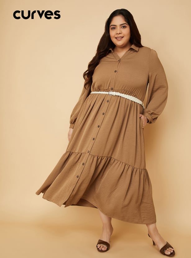 Women Textured A-line Tiered Shirt Dress with Belt