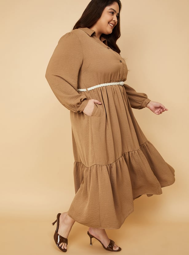 Women Textured A-line Tiered Shirt Dress with Belt
