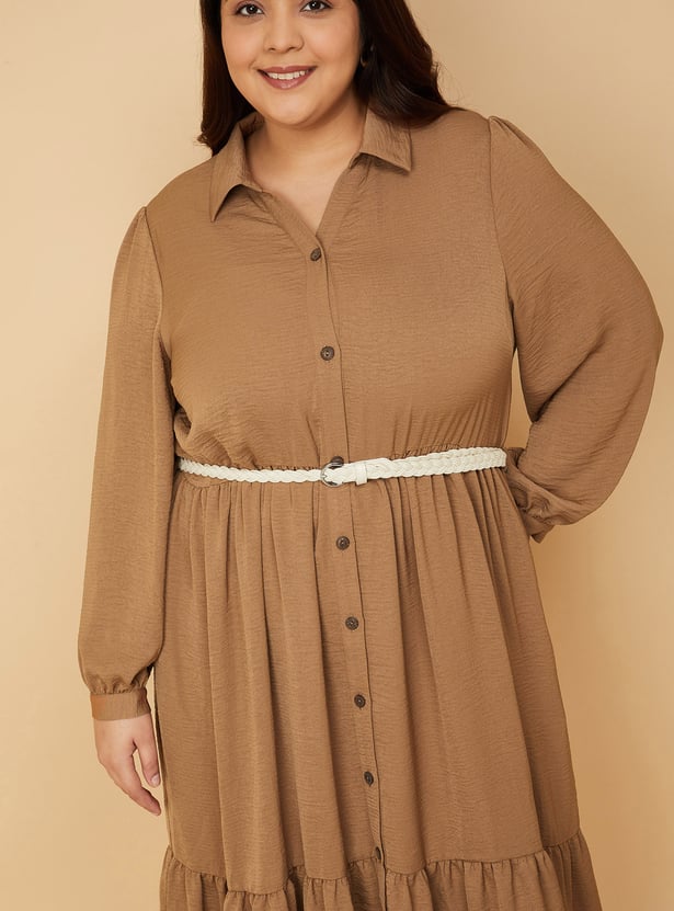 Women Textured A-line Tiered Shirt Dress with Belt