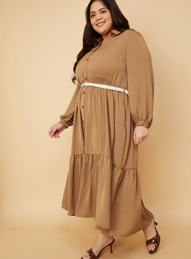 Women Textured A-line Tiered Shirt Dress with Belt